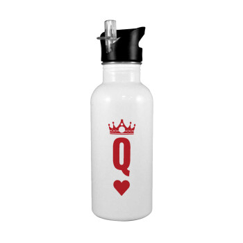 Queen, White water bottle with straw, stainless steel 600ml