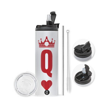 Queen, Travel Tumbler θερμό με διπλό καπάκι, μεταλλικό καλαμάκι και βούρτσα καθαρισμού (Ανωξείδωτο 304 Food grade, BPA free, 600ml)