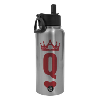 Queen, Metal mug thermo Silver with Straw and Spout Lid (Stainless steel), double wall, 950ml