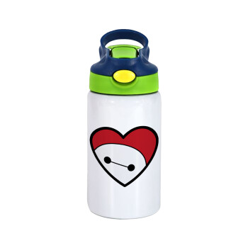 Baymax heart, Children's hot water bottle, stainless steel, with safety straw, green, blue (350ml)