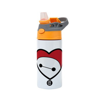 Baymax heart, Children's hot water bottle, stainless steel, with safety straw, Orange/Grey (360ml) BPA-FREE