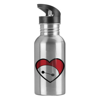Baymax heart, Water bottle Silver with straw, stainless steel 600ml
