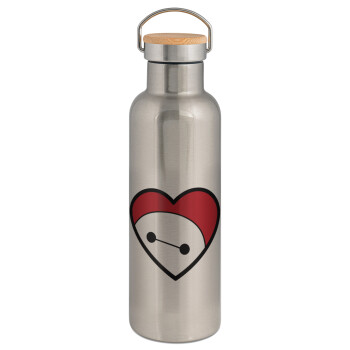 Baymax heart, Stainless steel Silver with wooden lid (bamboo), double wall, 750ml