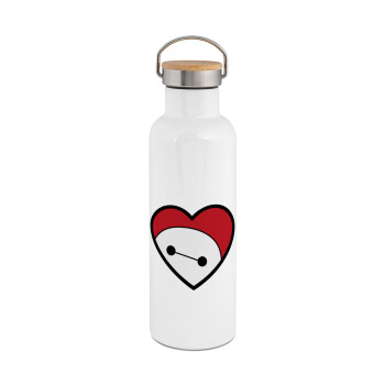 Baymax heart, Stainless steel White with wooden lid (bamboo), double wall, 750ml