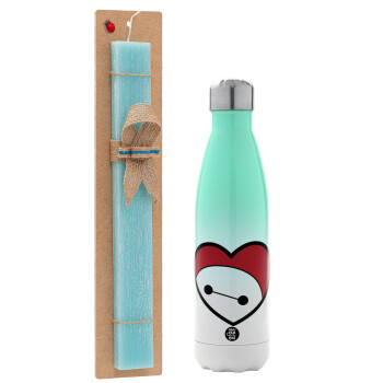 Baymax heart, Easter Set, Metallic green/white thermos (Stainless steel), double-walled, 500ml & scented flat Easter candle (30cm) (TURQUOISE)