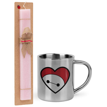 Baymax heart, Easter Set, metallic thermal cup (300ml) & aromatic flat Easter candle (30cm) (PINK)