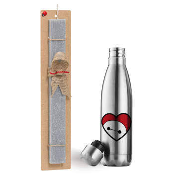 Baymax heart, Easter Set, metallic stainless thermos flask (500ml) & scented flat Easter candle (30cm) (GRAY)