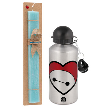 Baymax heart, Easter Set, metallic silver aluminum water bottle (500ml) & scented flat Easter candle (30cm) (TURQUOISE)