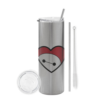 Baymax heart, Tumbler ποτήρι θερμό Ασημένιο από ανοξείδωτο ατσάλι 600ml, με μεταλλικό καλαμάκι & βούρτσα καθαρισμού