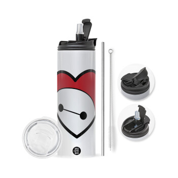 Baymax heart, Travel Tumbler θερμό με διπλό καπάκι, μεταλλικό καλαμάκι και βούρτσα καθαρισμού (Ανωξείδωτο 304 Food grade, BPA free, 600ml)