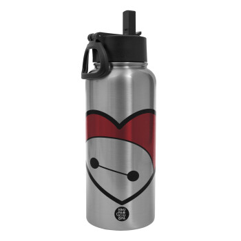 Baymax heart, Metal mug thermo Silver with Straw and Spout Lid (Stainless steel), double wall, 950ml