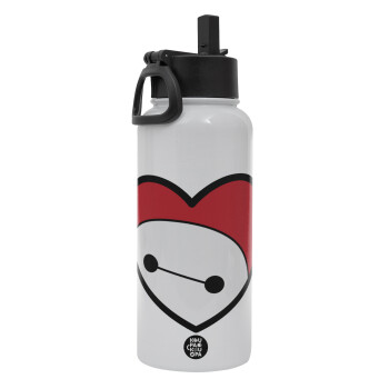 Baymax heart, Metal mug thermo White with Straw and Spout Lid (Stainless steel), double wall, 950ml