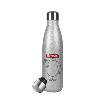 Baymax hi, Metallic Glitter Silver Thermos Flask (Stainless steel), double-walled, 500ml