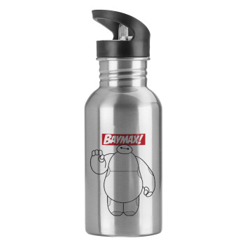 Baymax hi, Water bottle Silver with straw, stainless steel 600ml