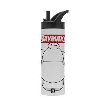 Baymax hi, Metallic thermos bottle with straw & handle, stainless steel (Stainless steel 304), double-walled, 600ml.