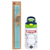 Easter Set, Children's thermal stainless steel bottle with safety straw, green/blue (350ml) & aromatic flat Easter candle (30cm) (TURQUOISE)