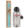 Easter Set, metallic silver aluminum water bottle (500ml) & scented flat Easter candle (30cm) (TURQUOISE)