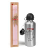 Easter Set, metallic Silver aluminum water bottle (500ml) & scented flat Easter candle (30cm) (PINK)