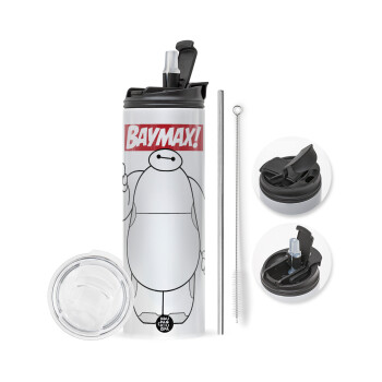 Baymax hi, Travel Tumbler θερμό με διπλό καπάκι, μεταλλικό καλαμάκι και βούρτσα καθαρισμού (Ανωξείδωτο 304 Food grade, BPA free, 600ml)