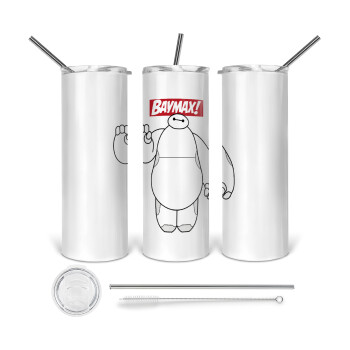 Baymax hi, Tumbler ποτήρι θερμό από ανοξείδωτο ατσάλι 600ml, με μεταλλικό καλαμάκι & βούρτσα καθαρισμού