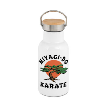 Miyagi-do karate, Μεταλλικό παγούρι θερμός (Stainless steel) Λευκό με ξύλινο καπακι (bamboo), διπλού τοιχώματος, 350ml