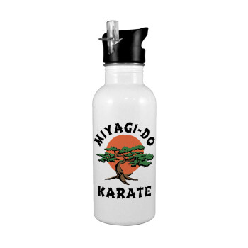 Miyagi-do karate, White water bottle with straw, stainless steel 600ml