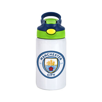 Manchester City FC , Children's hot water bottle, stainless steel, with safety straw, green, blue (350ml)