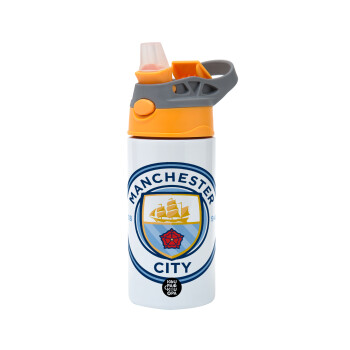 Manchester City FC , Children's hot water bottle, stainless steel, with safety straw, Orange/Grey (360ml) BPA-FREE