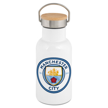 Manchester City FC , Μεταλλικό παγούρι θερμός (Stainless steel) Λευκό με ξύλινο καπακι (bamboo), διπλού τοιχώματος, 350ml