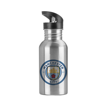 Manchester City FC , Water bottle Silver with straw, stainless steel 600ml