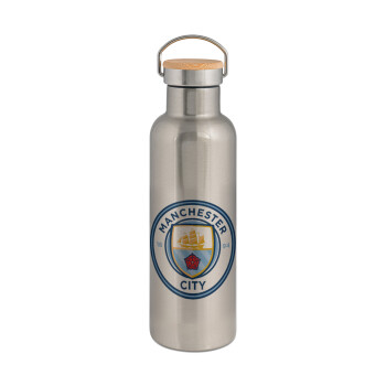 Manchester City FC , Μεταλλικό παγούρι θερμός (Stainless steel) Ασημένιο με ξύλινο καπακι (bamboo), διπλού τοιχώματος, 750ml