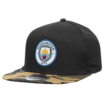 Manchester City FC , Adult Flat Snapback Hat Black/Camouflage, (100% COTTON TWILL, ADULT, UNISEX, ONE SIZE)