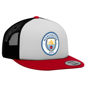 Manchester City FC , Adult Foam Flat Snapback with Mesh Red-White-Black (POLYESTER, ADULT, UNISEX, ONE SIZE)