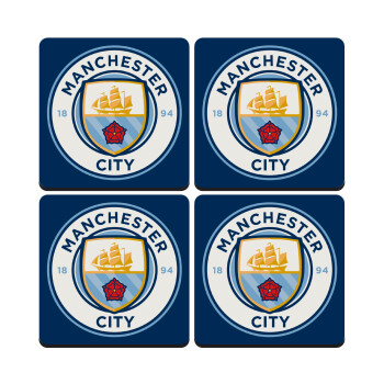 Manchester City FC , ΣΕΤ 4 Σουβέρ ξύλινα τετράγωνα (9cm)