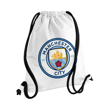 Manchester City FC , Τσάντα πλάτης πουγκί GYMBAG λευκή, με τσέπη (40x48cm) & χονδρά κορδόνια