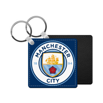 Manchester City FC , Μπρελόκ Δερματίνη, τετράγωνο ΜΑΥΡΟ (5x5cm)