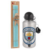 Easter Set, metallic silver aluminum water bottle (500ml) & scented flat Easter candle (30cm) (TURQUOISE)