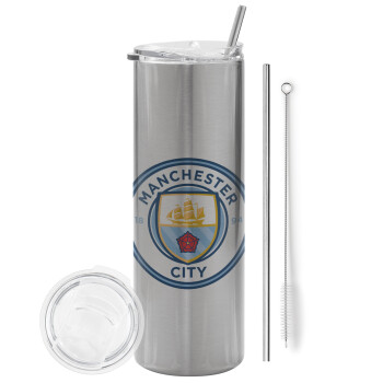 Manchester City FC , Tumbler ποτήρι θερμό Ασημένιο από ανοξείδωτο ατσάλι 600ml, με μεταλλικό καλαμάκι & βούρτσα καθαρισμού