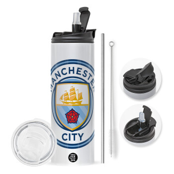 Manchester City FC , Travel Tumbler θερμό με διπλό καπάκι, μεταλλικό καλαμάκι και βούρτσα καθαρισμού (Ανωξείδωτο 304 Food grade, BPA free, 600ml)