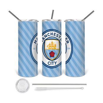 Manchester City FC , Tumbler ποτήρι θερμό από ανοξείδωτο ατσάλι 600ml, με μεταλλικό καλαμάκι & βούρτσα καθαρισμού