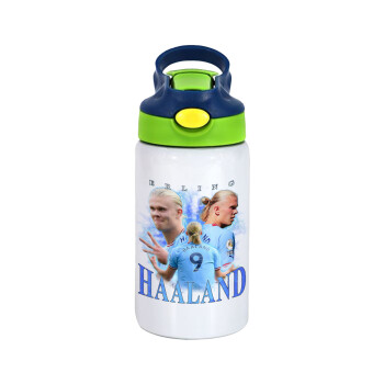 Erling Haaland, Children's hot water bottle, stainless steel, with safety straw, green, blue (350ml)