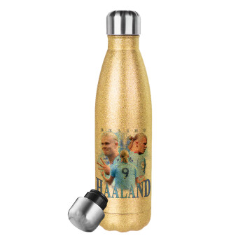 Erling Haaland, Glitter gold stainless steel thermos bottle, double-walled, 500ml