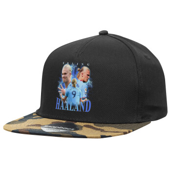 Erling Haaland, Καπέλο Ενηλίκων Flat Snapback Μαύρο/Παραλλαγή, (100% ΒΑΜΒΑΚΕΡΟ TWILL, ΕΝΗΛΙΚΩΝ, UNISEX, ONE SIZE)