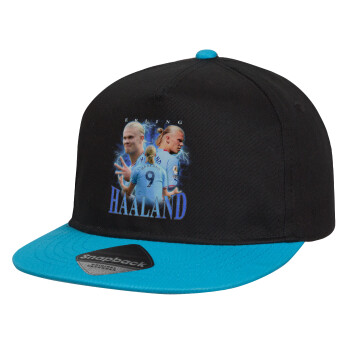 Erling Haaland, Child's Flat Snapback Hat, Black/Blue (100% COTTON, CHILD, UNISEX, ONE SIZE)