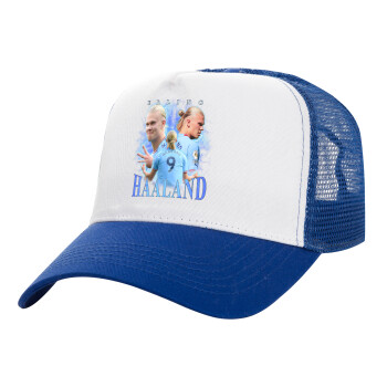 Erling Haaland, Adult Structured Trucker Hat, with Mesh, WHITE/BLUE (100% COTTON, ADULT, UNISEX, ONE SIZE)