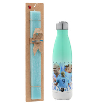 Erling Haaland, Easter Set, Metallic green/white thermos (Stainless steel), double-walled, 500ml & scented flat Easter candle (30cm) (TURQUOISE)