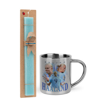 Erling Haaland, Easter Set, metallic thermal cup (300ml) & aromatic flat Easter candle (30cm) (TURQUOISE)