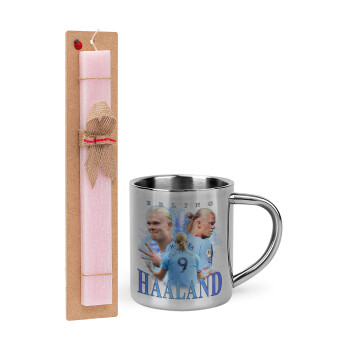 Erling Haaland, Easter Set, metallic thermal cup (300ml) & aromatic flat Easter candle (30cm) (PINK)