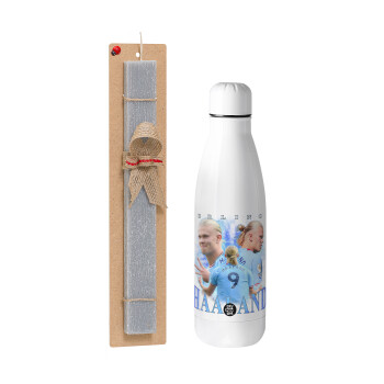 Erling Haaland, Easter Set, metallic Inox water bottle (700ml) & Easter scented flat candle (30cm) (GRAY)