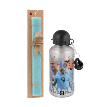 Erling Haaland, Easter Set, metallic silver aluminum water bottle (500ml) & scented flat Easter candle (30cm) (TURQUOISE)